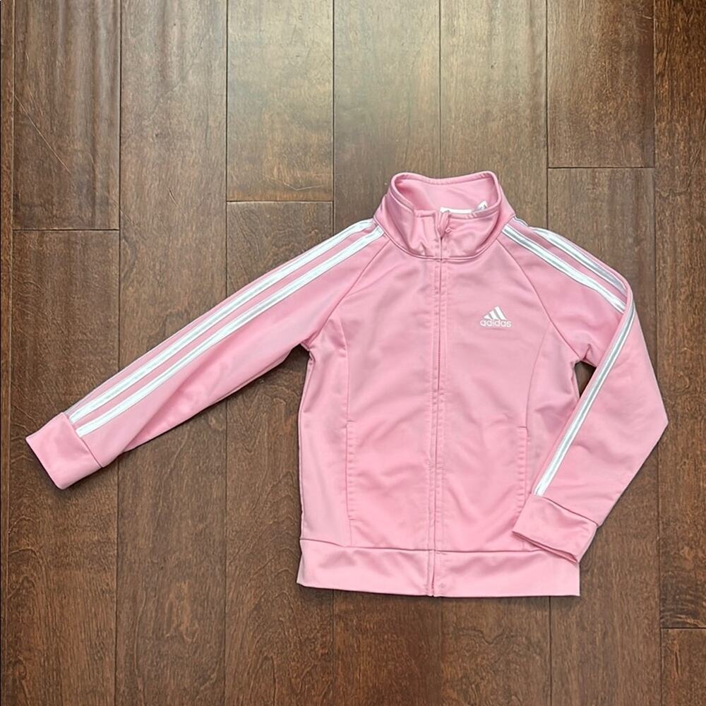 Kid’s Adidas Pink Track Jacket with White Stripes, Size 5